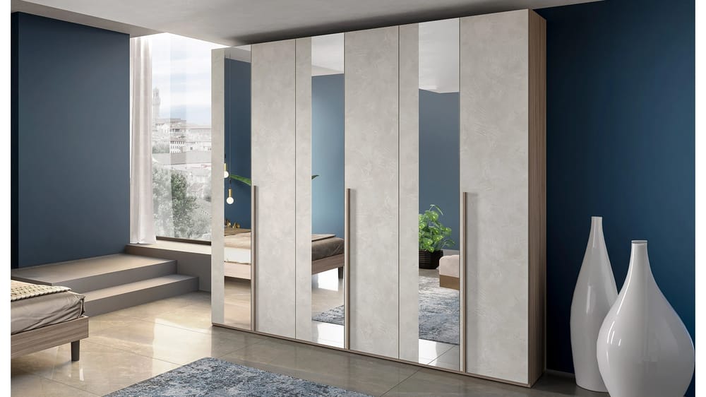 ARMADIO 6 ANTE BATTENTI CON SPECCHIO ELETTRA NOCE / GRIGIO CHIARO SPATOLATO L. 258CM P. 55CM H. 240CM